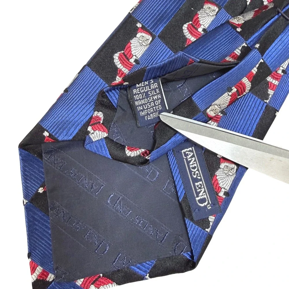 Lands End Mens Silk Necktie Blue Black Santa Claus Checkered Christmas Holiday